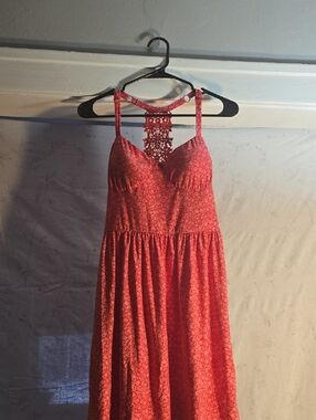 No Boundaries Coral Pink Crochet-Back Maxi Dress